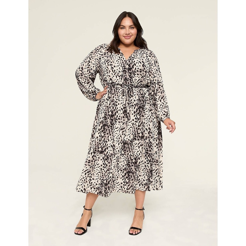 Lane Bryant Leopard Print V-Neck Tiered Midi Dress Grey Black Plus Size 30/32